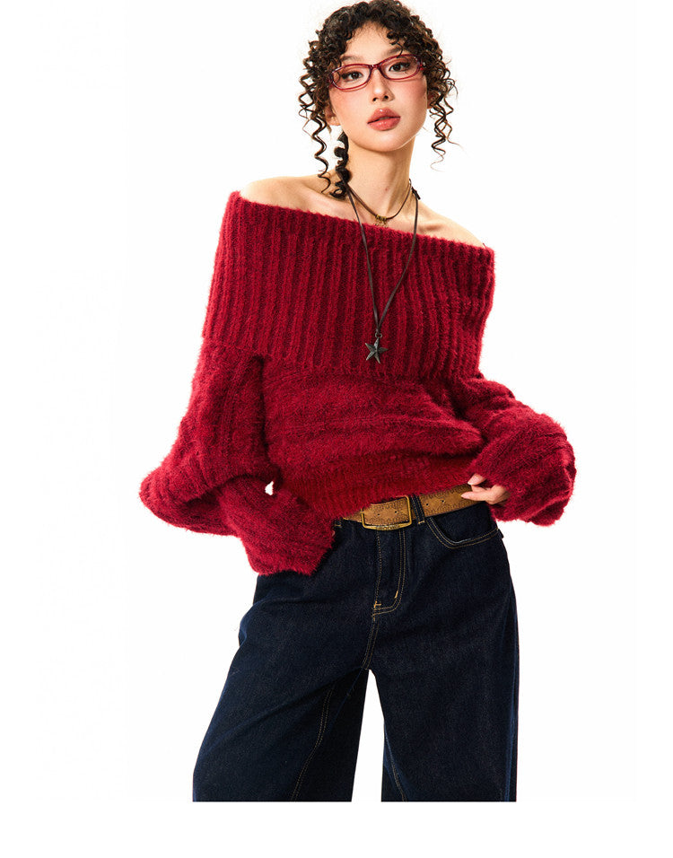 Women's One-Shoulder Red Sweater