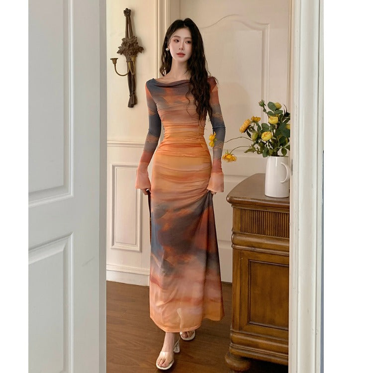 French Style Tie-Dye Printed Mesh Dress