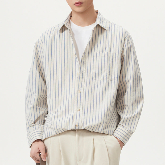 Mens Casual Linen Blend Shirt - Striped Long Sleeve Cotton Shirt
