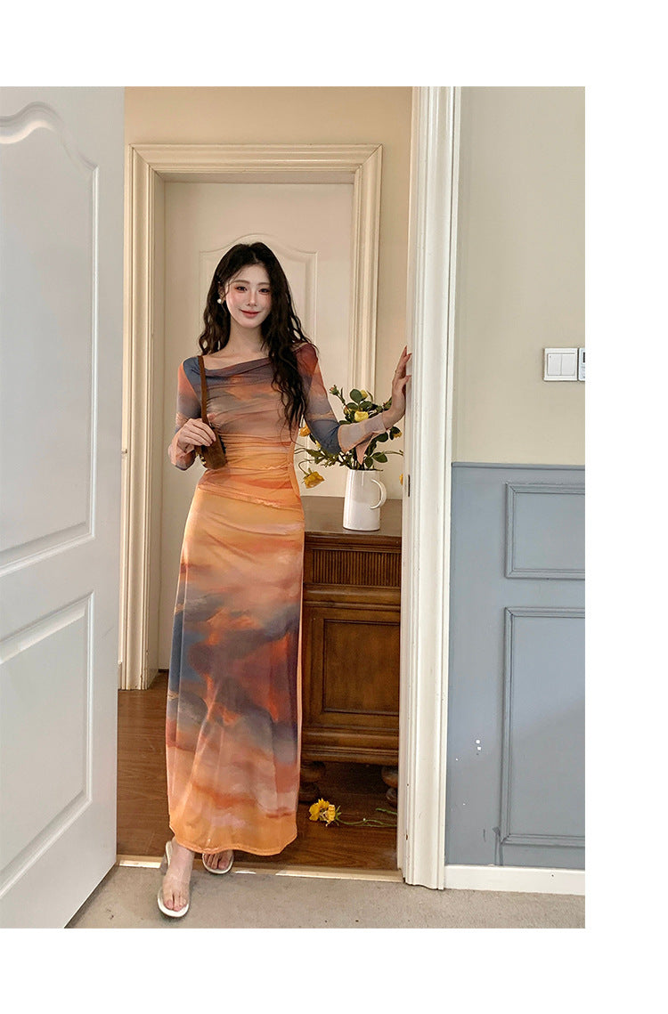 French Style Tie-Dye Printed Mesh Dress