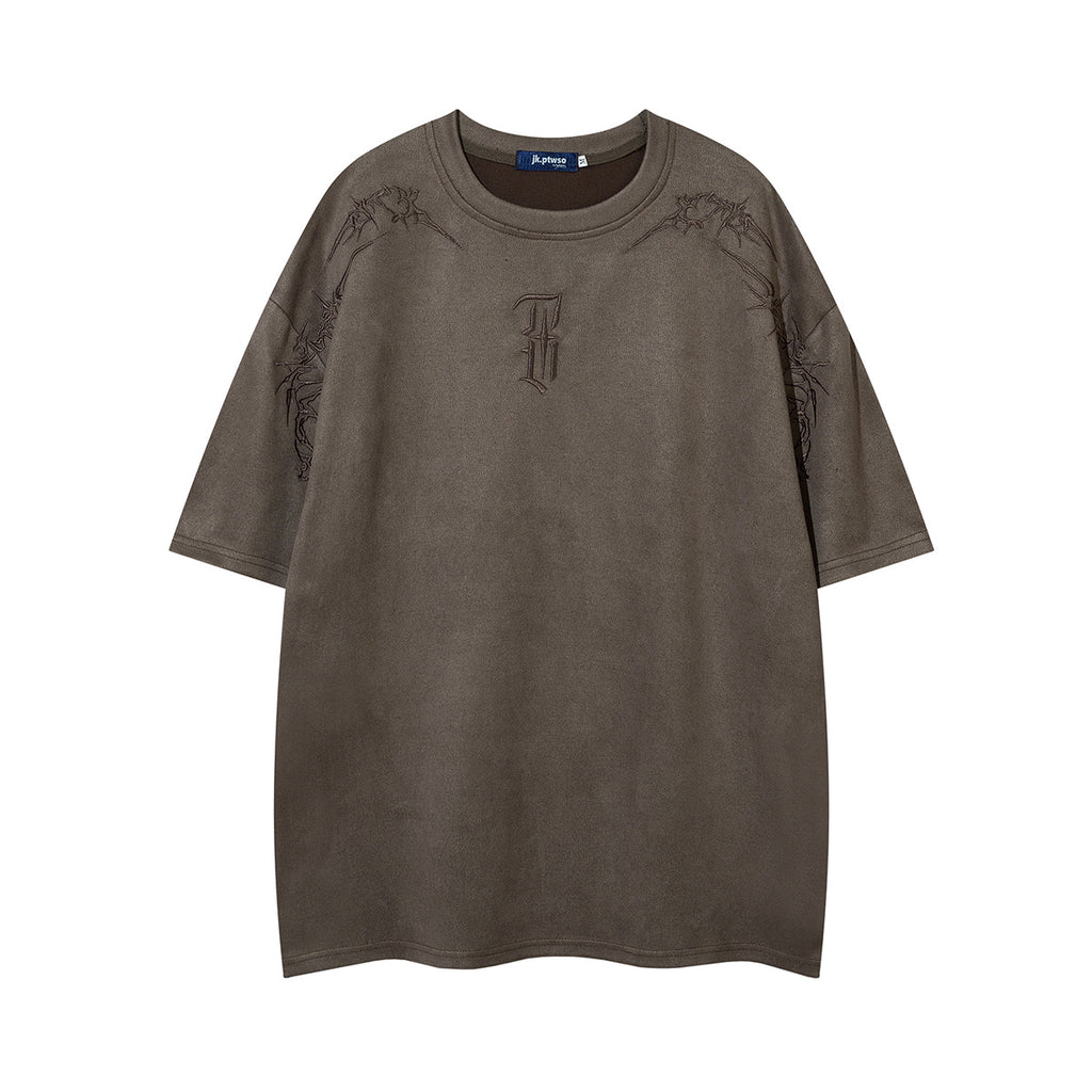 Leather-like Fabric T-Shirt with Thorns Embroidery - Loose Fit Summer Tee