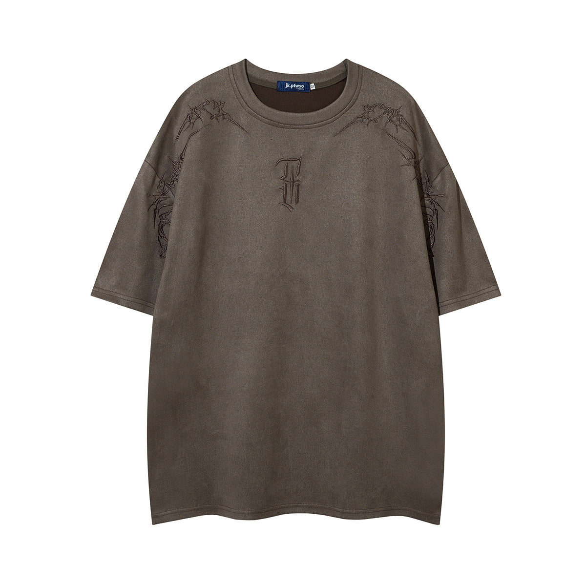 Leather-like Fabric T-Shirt with Thorns Embroidery - Loose Fit Summer Tee