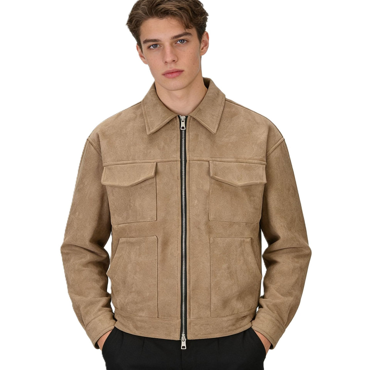 Mens Casual Suede Jacket with Lapel Collar