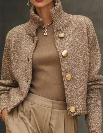 High-neck button-down knit cardigan