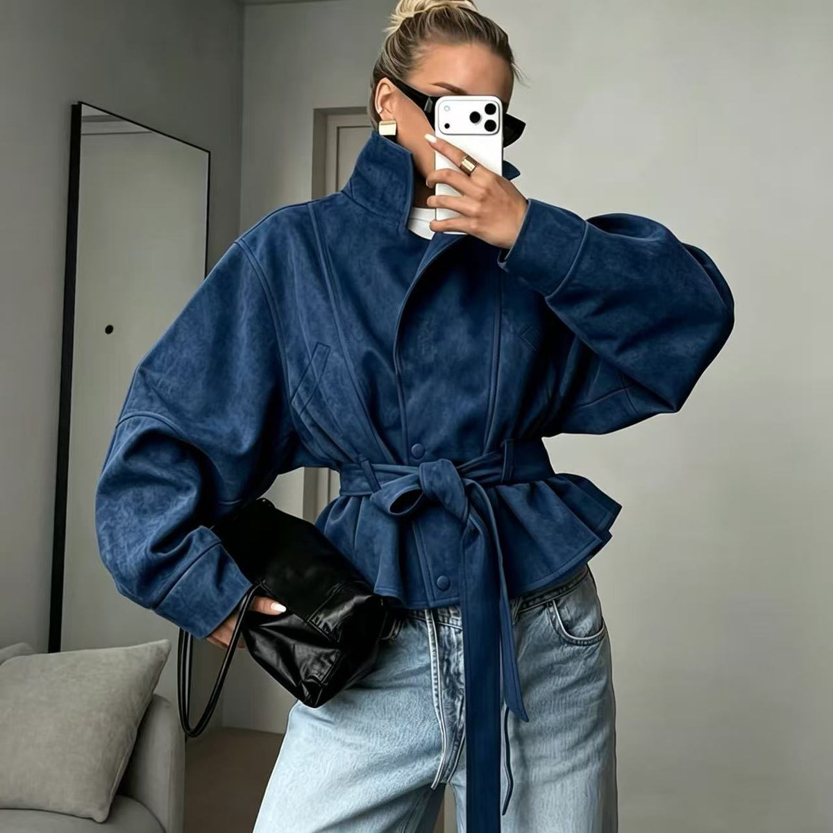 Women's Faux Suede Motorcycle Jacket with Lapel Collar
