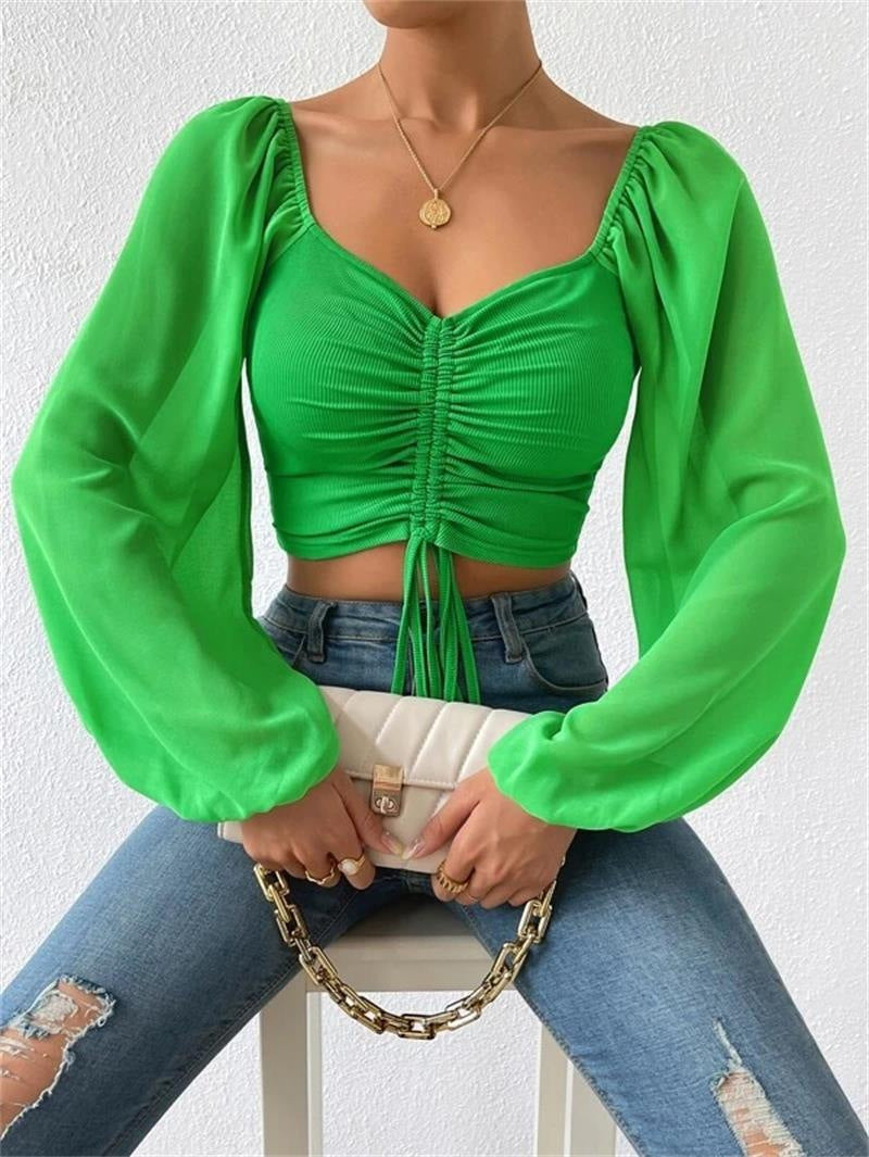 Womens V-Neck Chiffon Blouse with Drawstring Waist
