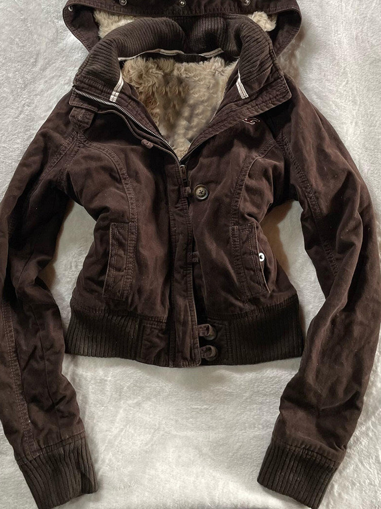 Brown Hooded Waist-Cinching Jacket