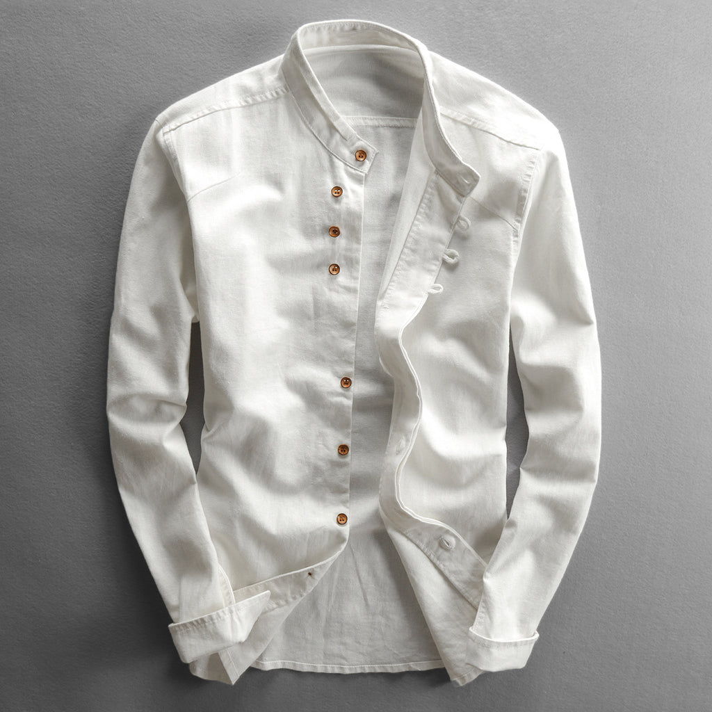 Men's Casual Linen Cotton Blend Slim Fit Shirt with Stand-Up Collar