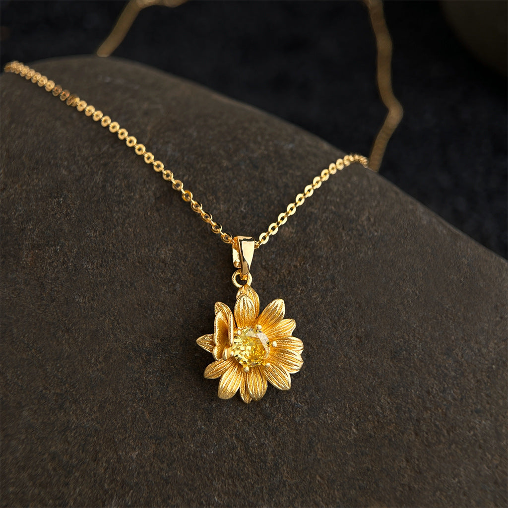 Sunflower and Butterfly Pendant Necklace in 18K Gold Plated