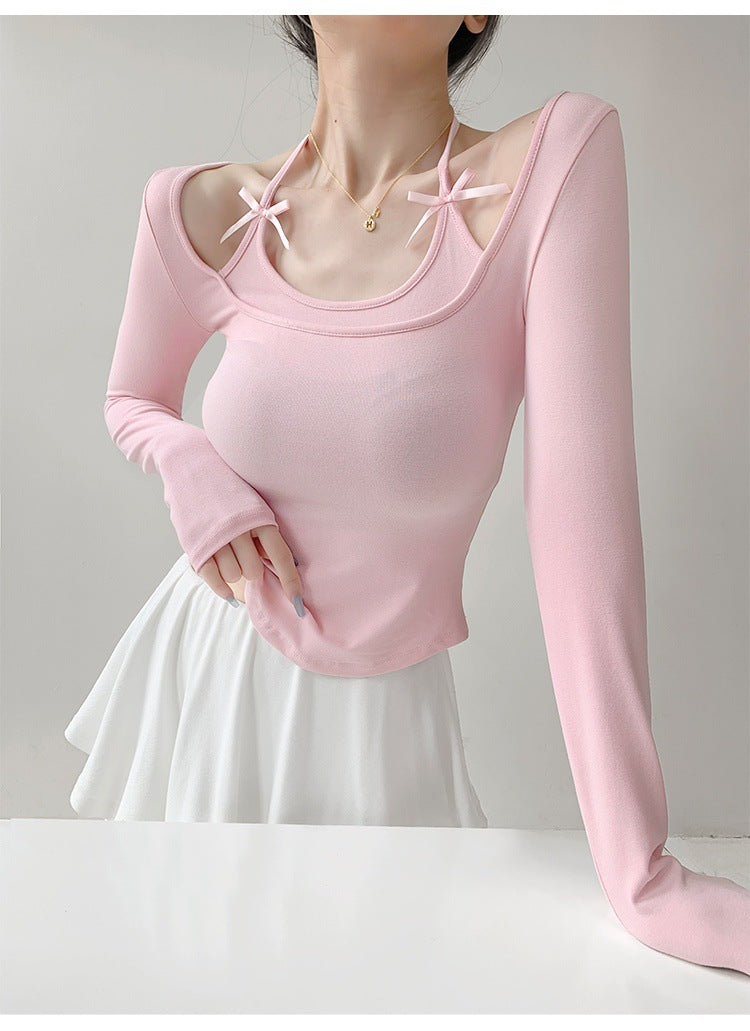 Solid-color long-sleeved bow T-shirt