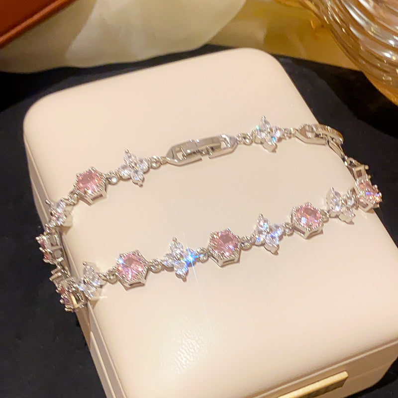 French Style Pink Zircon Flower Bracelet
