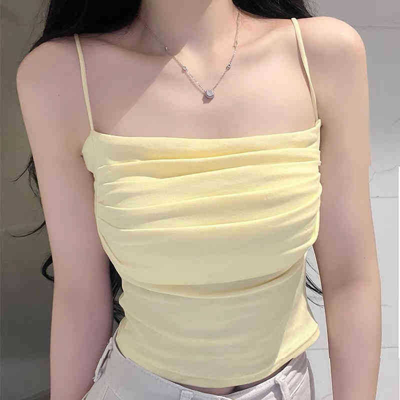 Korean Off-Shoulder Pleated Camisole Top with Adjustable Straps