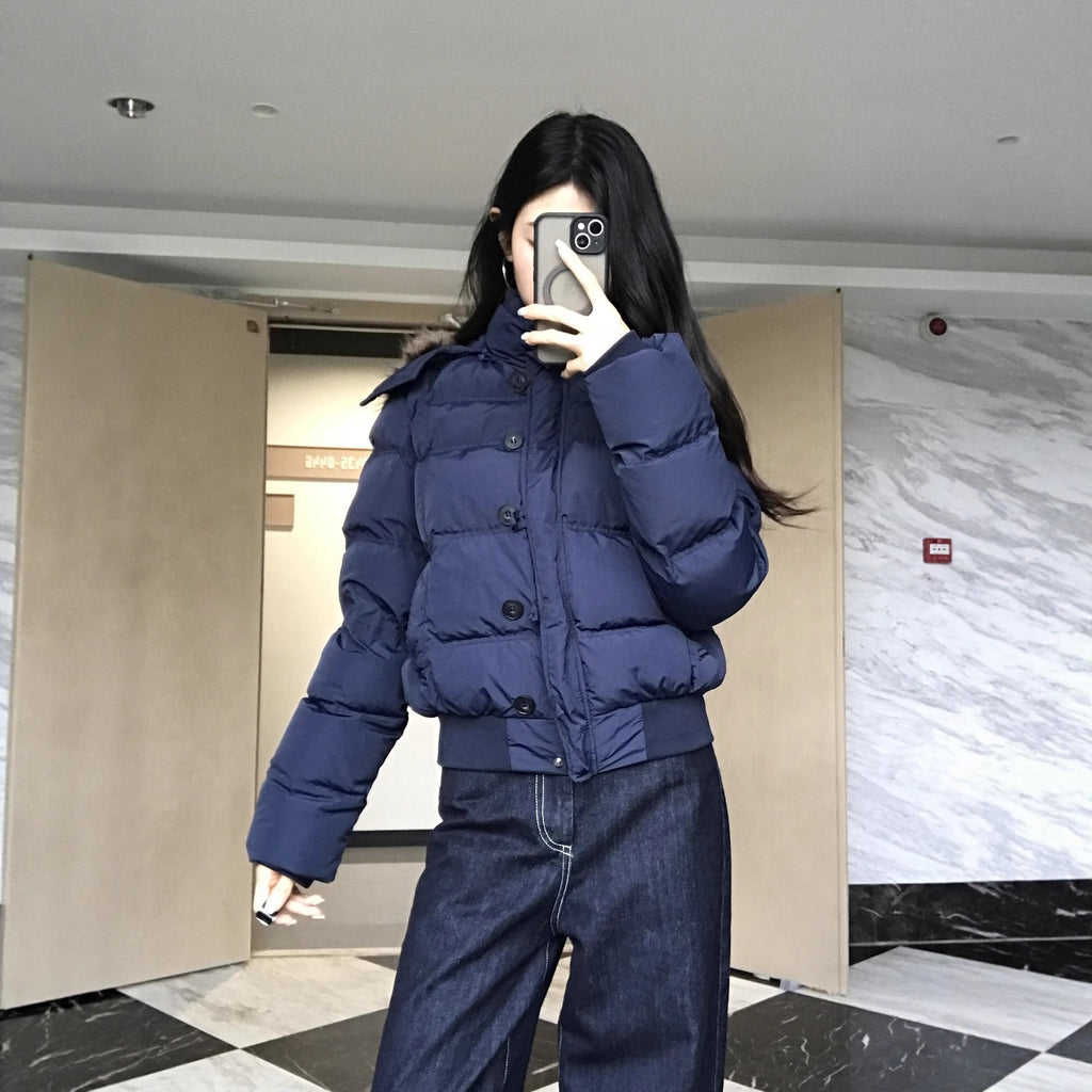 Retro long fur-lined hooded down jacket with down insulation
