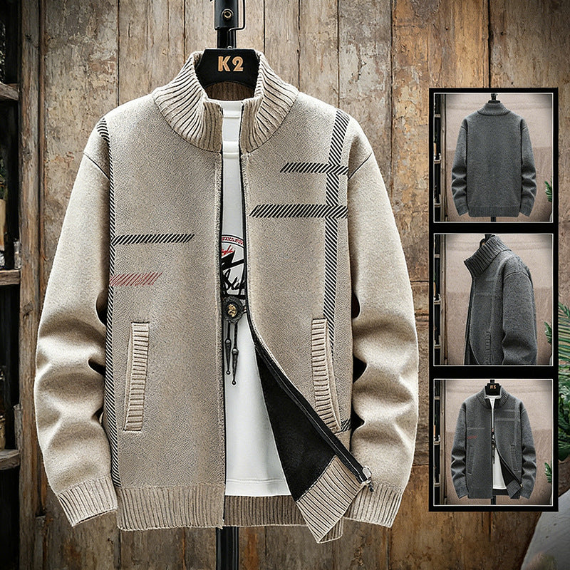 Men Fleece Lined Stand Collar Cardigan Sweater