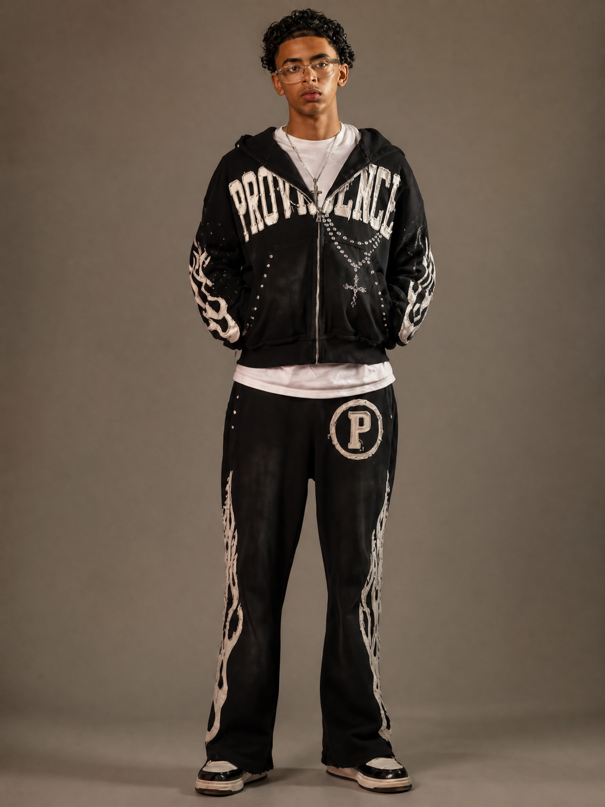 Hoodie and Flared Pant Set with Graphic Embellishments
