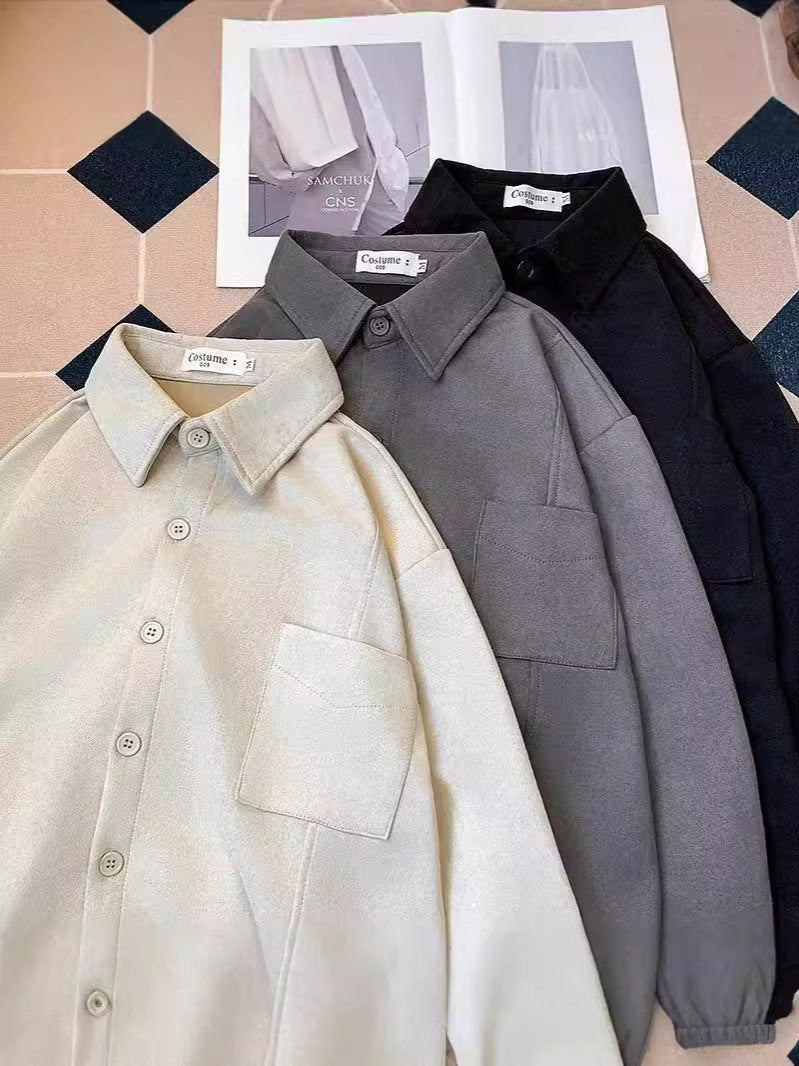 Long-sleeved Premium Suede Shirt with Chest Pockets