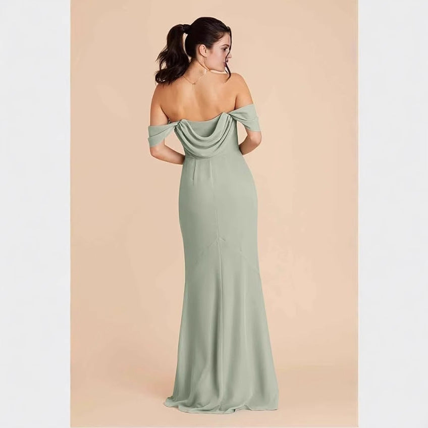 Convertible Off-Shoulder Long Evening Gown with Slit
