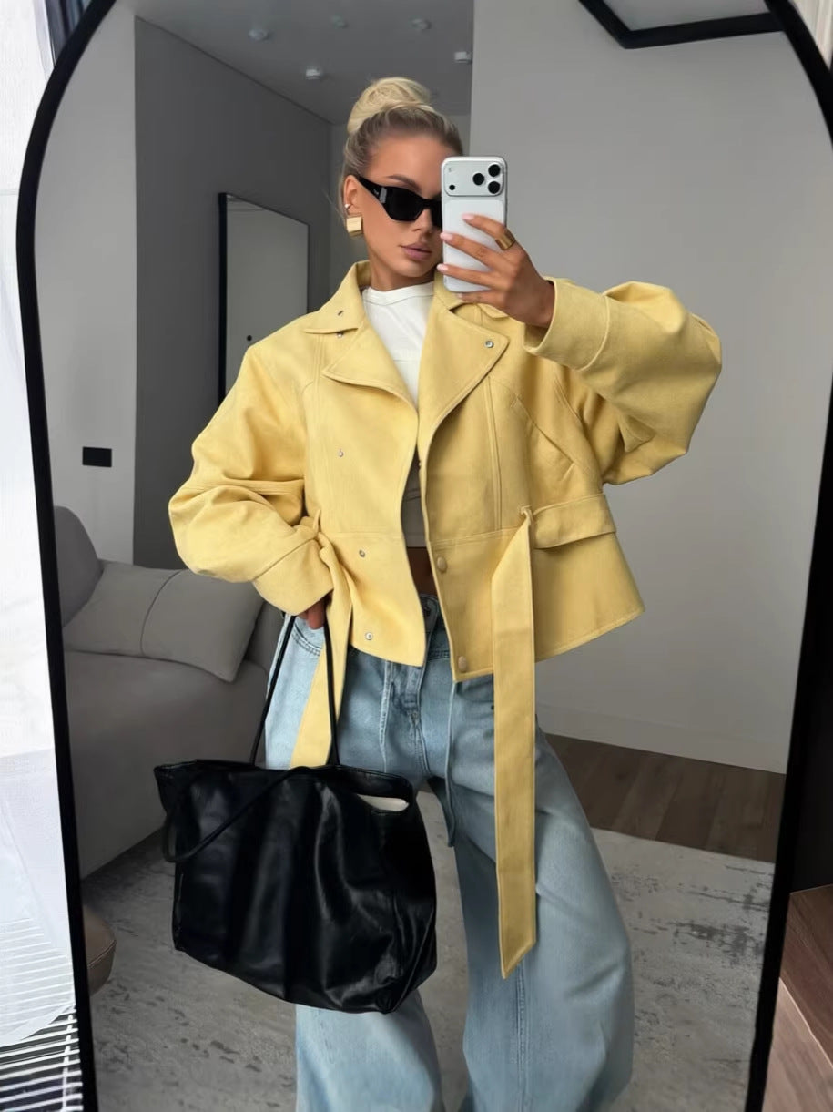 Women's Faux Suede Motorcycle Jacket with Lapel Collar