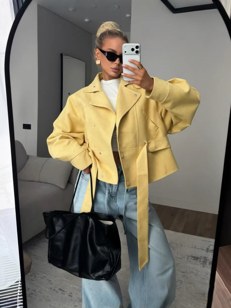 Women's Faux Suede Motorcycle Jacket with Lapel Collar