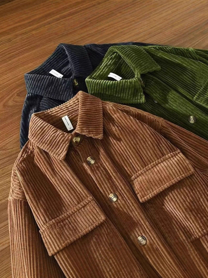 Retro Corduroy Long-Sleeved Shirt - Slim Fit Vintage Style