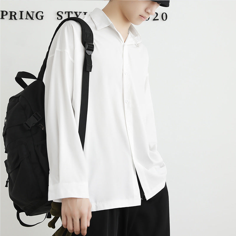 Loose Ice Silk Men's Long Sleeve Shirt in Black, White, Dark Gray