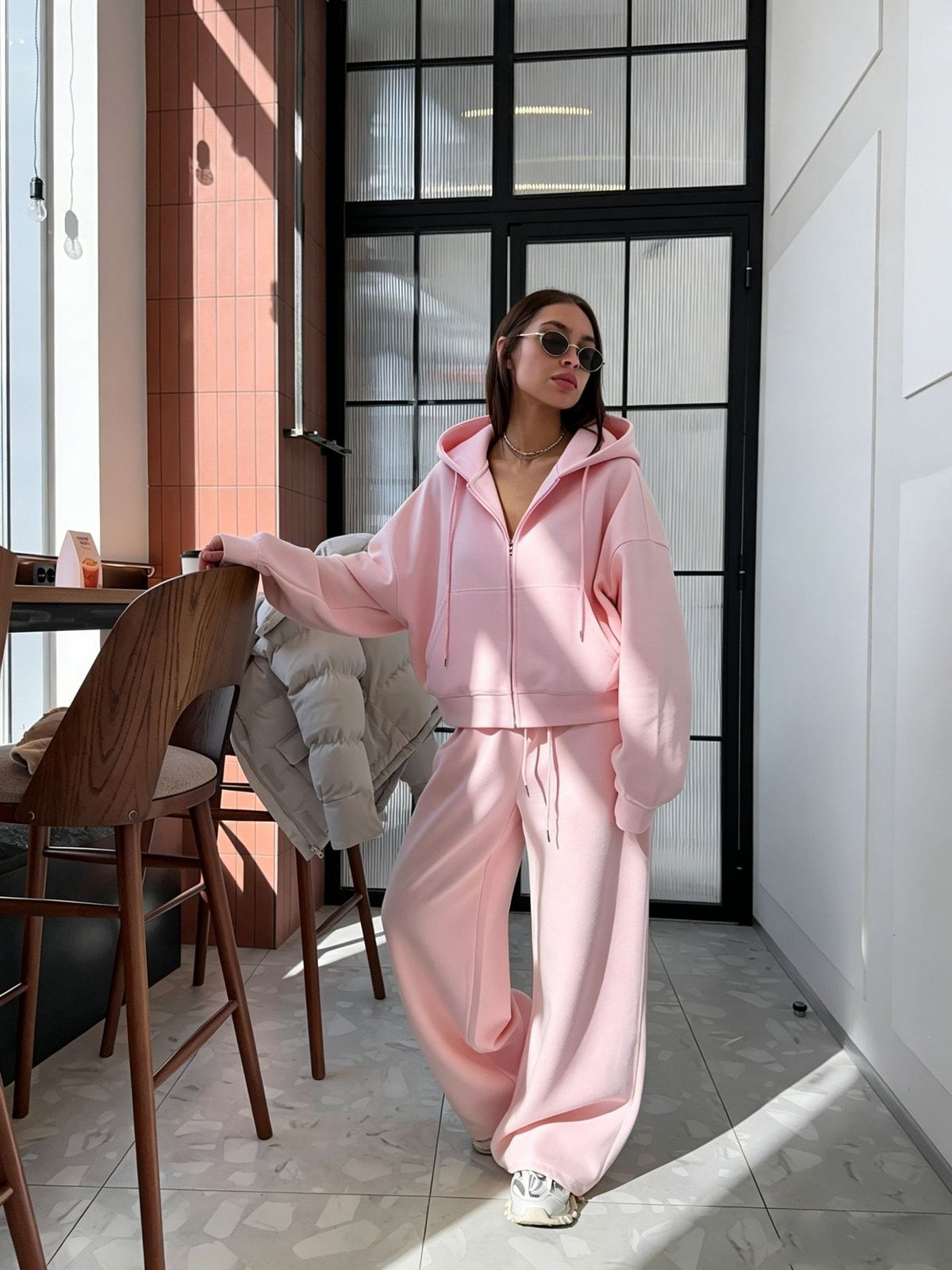 Women's loose-fitting hooded zipper pullover set