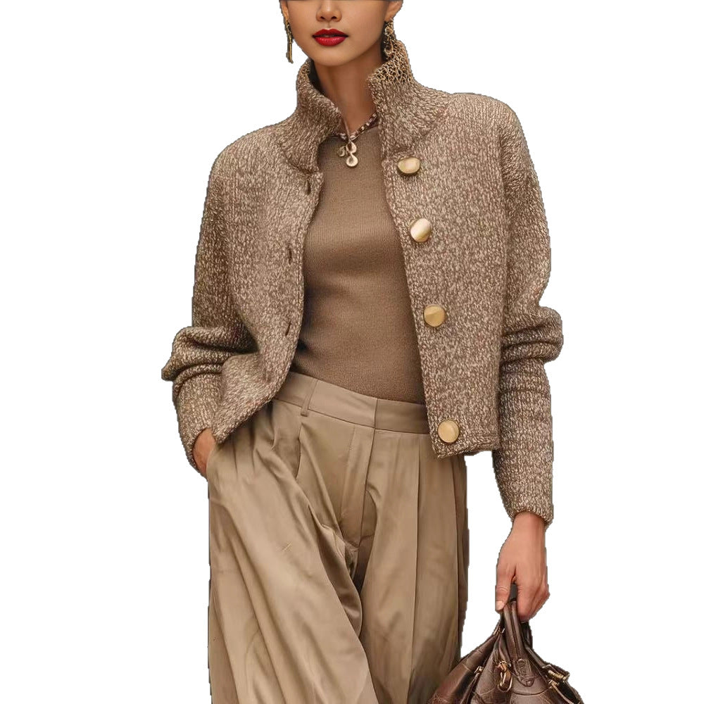 High-neck button-down knit cardigan