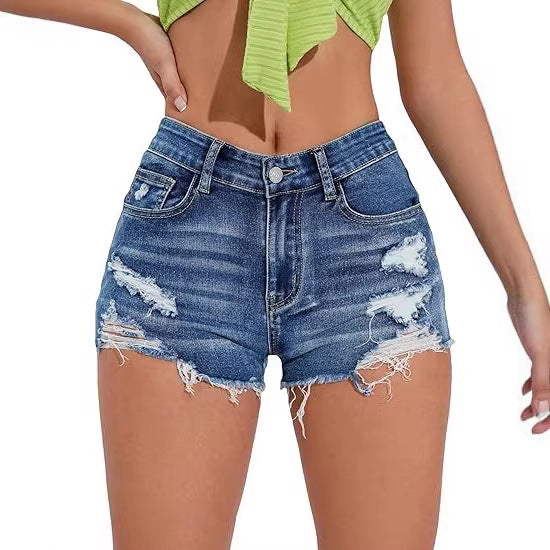 Denim High Waist Distressed Shorts
