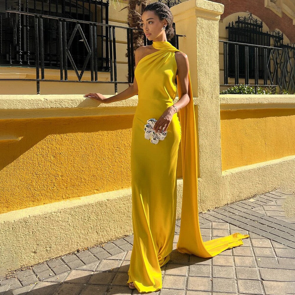 Single Shoulder Satin Slim Long Dress