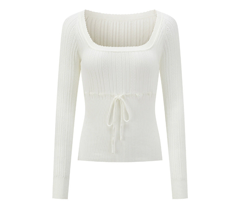 U-Neck Tie-Up Textured Knit Sweater