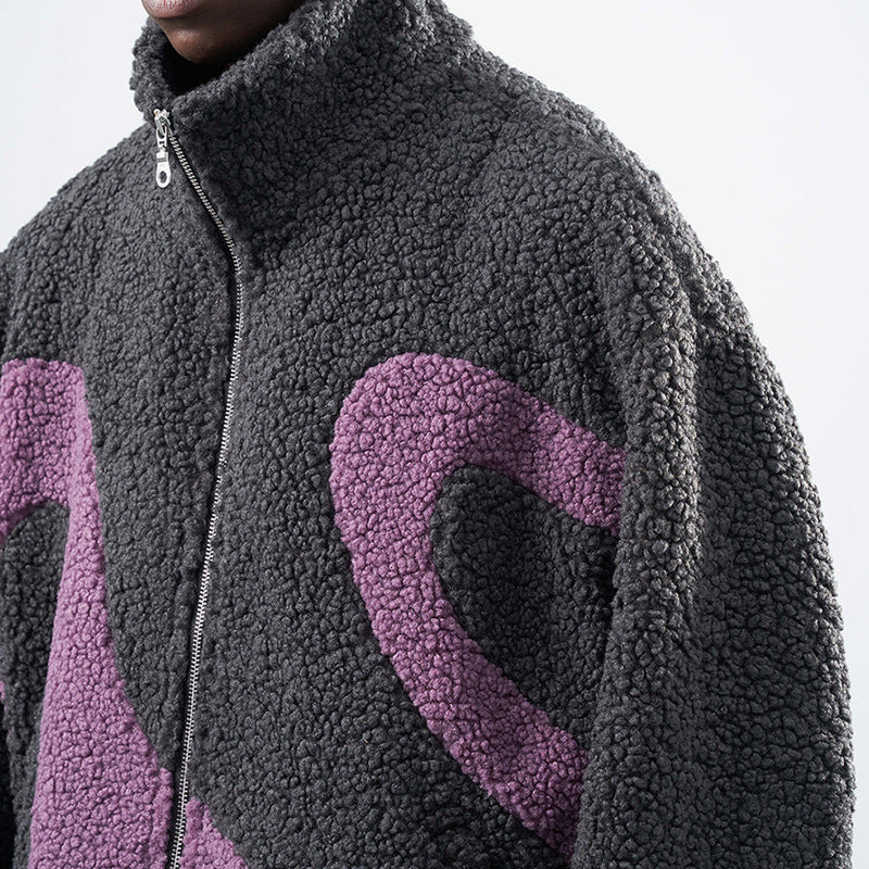 Contrast Color Lapel Coral Fleece Sweatshirt