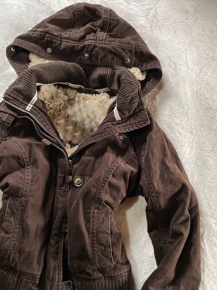 Brown Hooded Waist-Cinching Jacket