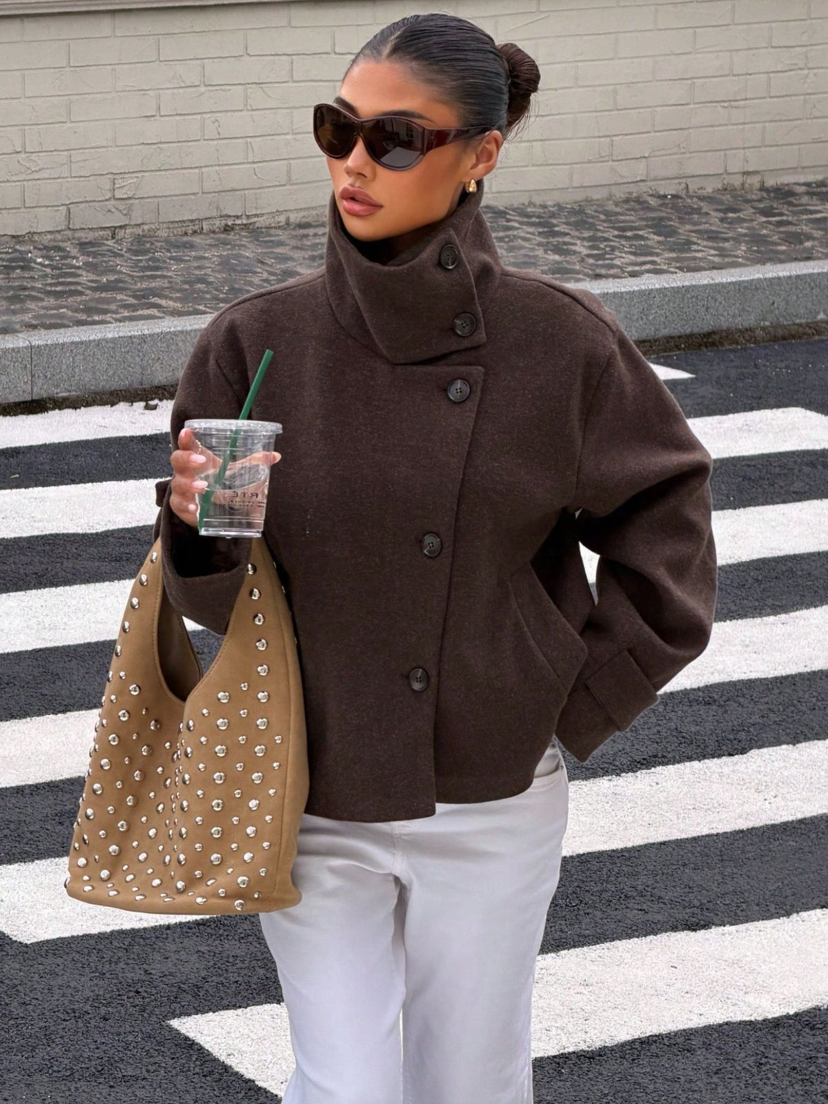 Womens Retro Stand Collar Jacket Solid Color Coat