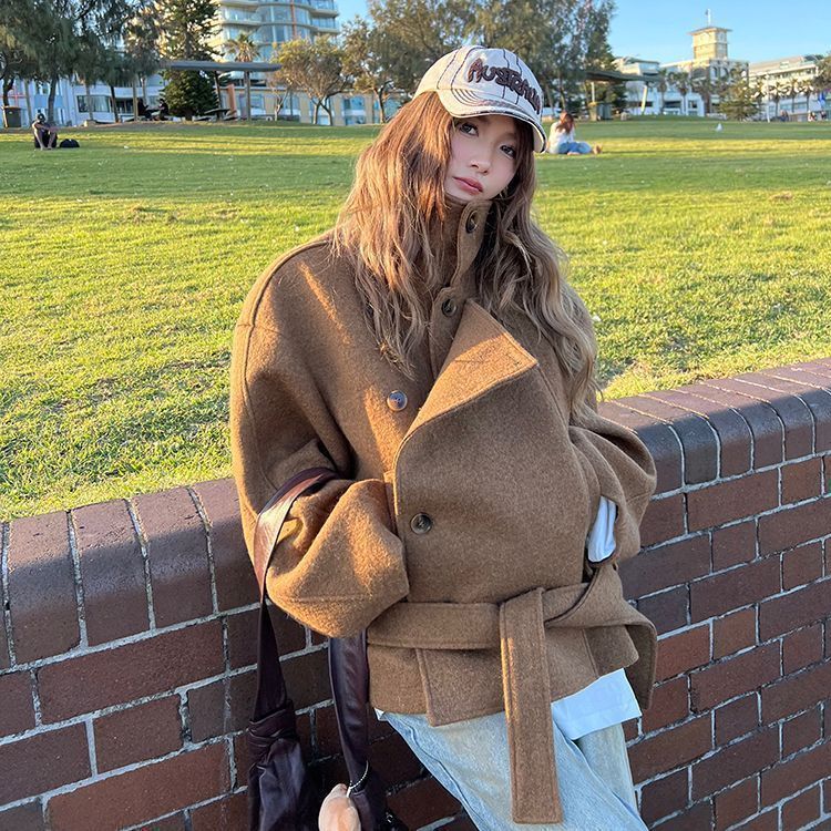 Womens Short Woolen Coat Stand-up Collar Belted Petite Coat
