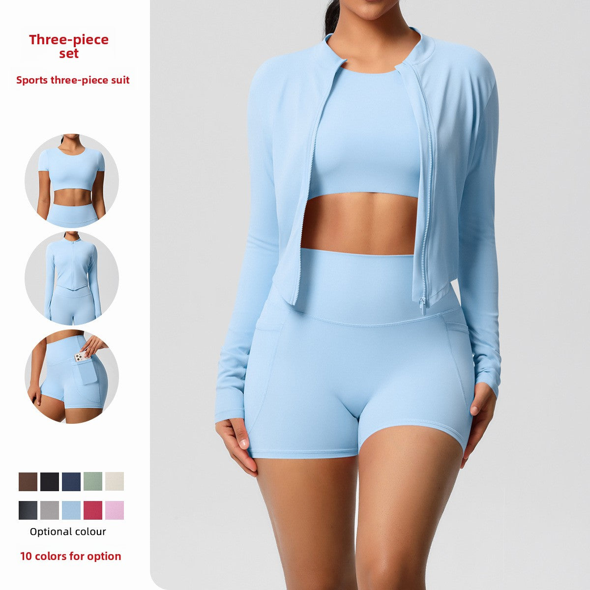 Three-Piece Yoga Set: Cropped Jacket, Sports Bra, and Pocket Shorts