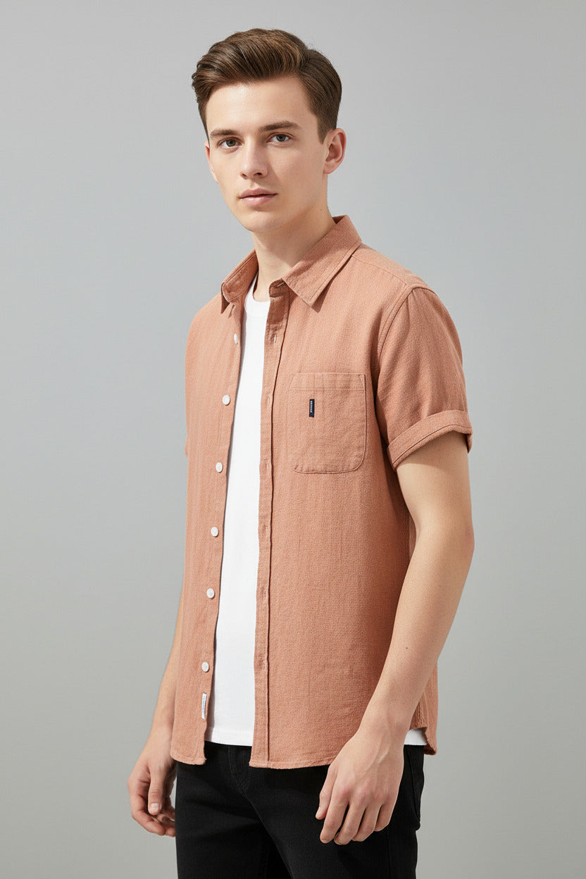 Men's Casual Ramie Blend Button-Up Shirt with Embroidery