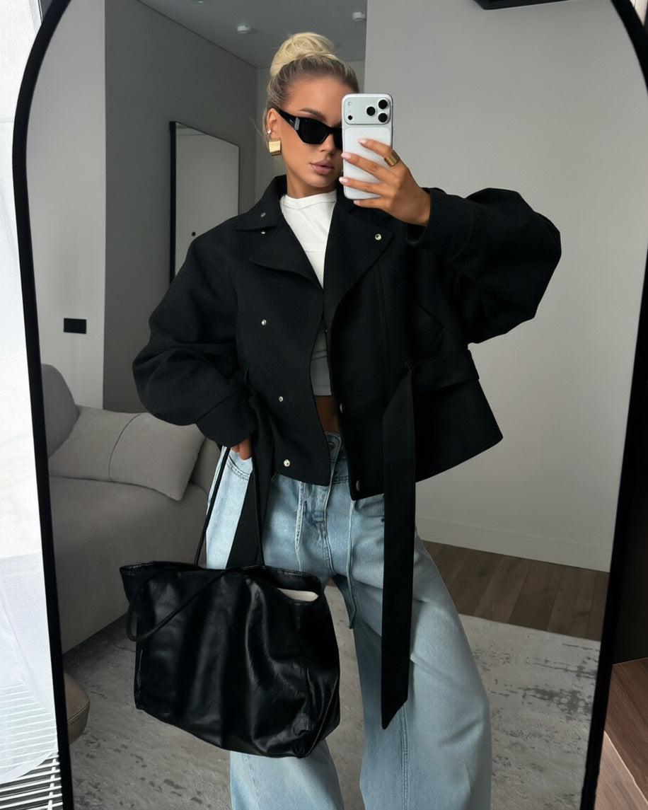 Women's Faux Suede Motorcycle Jacket with Lapel Collar