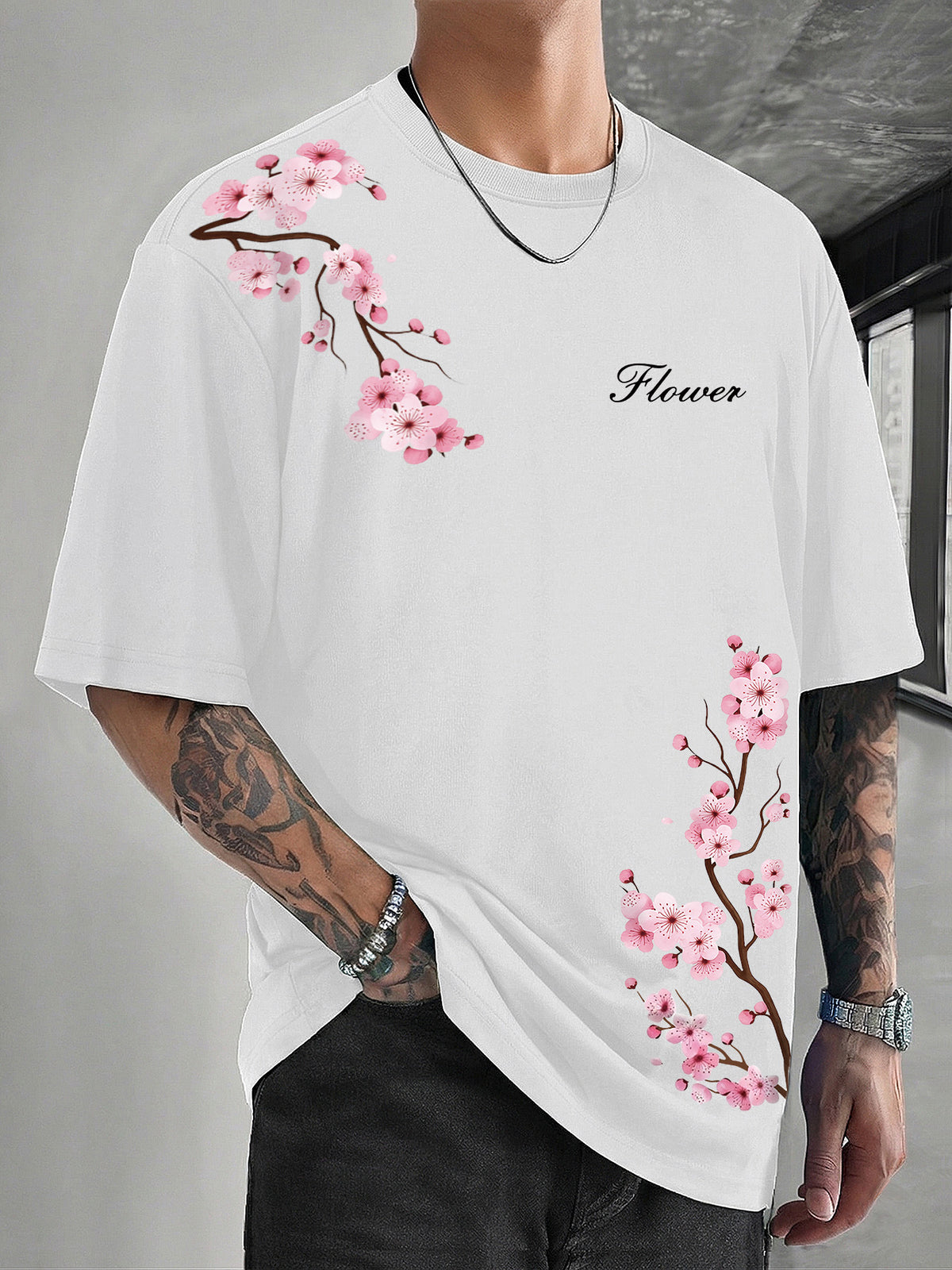Cotton TOKYO T-shirt with Japanese Style Prints, Short Sleeve, Round Neck