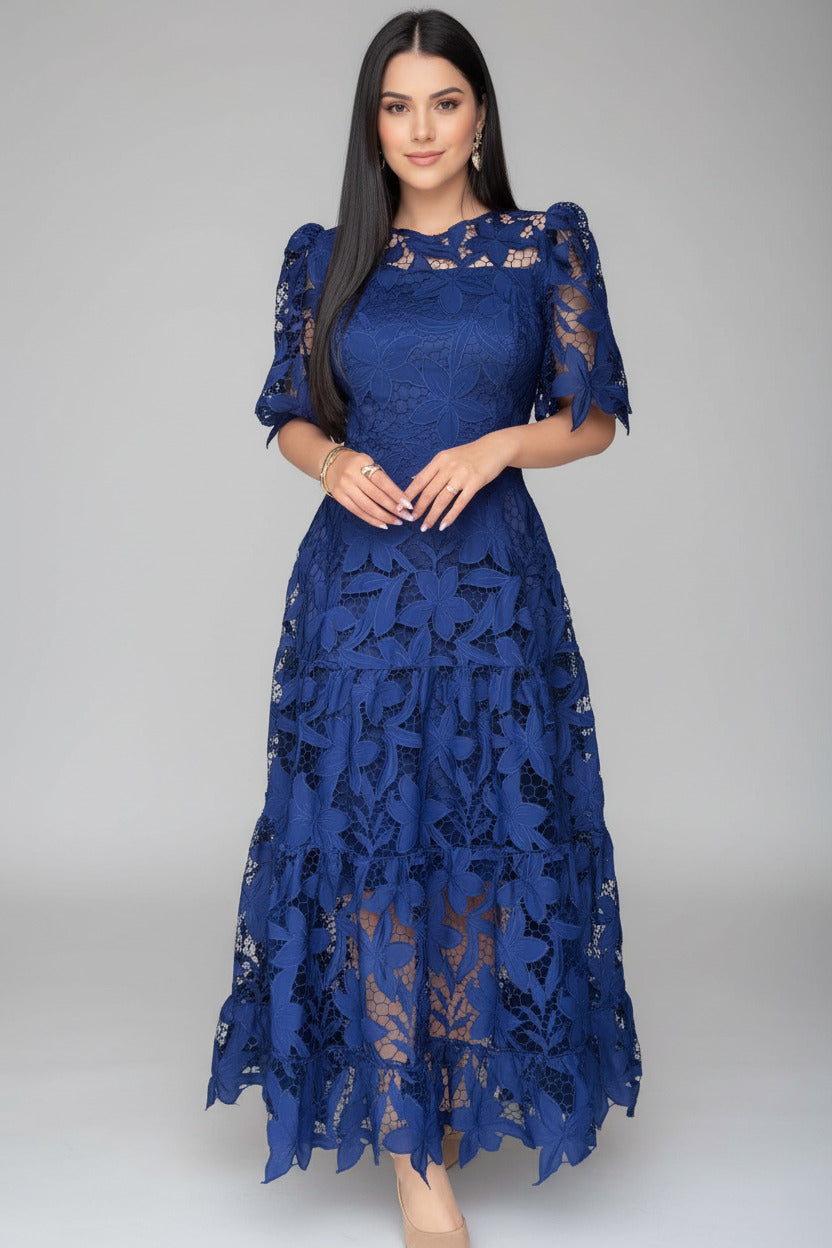 Summer Lace Hollow Out Round Neck Mid Waist Dress