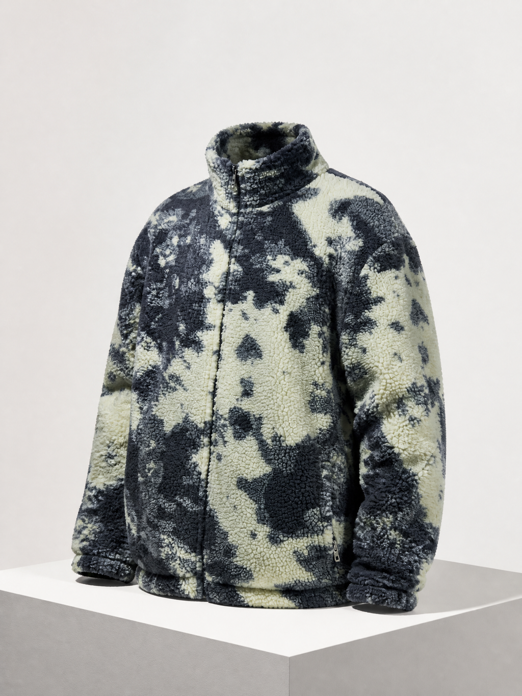Graphic Sherpa Fleece Jacket, Oversized Stand Collar Outerwear
