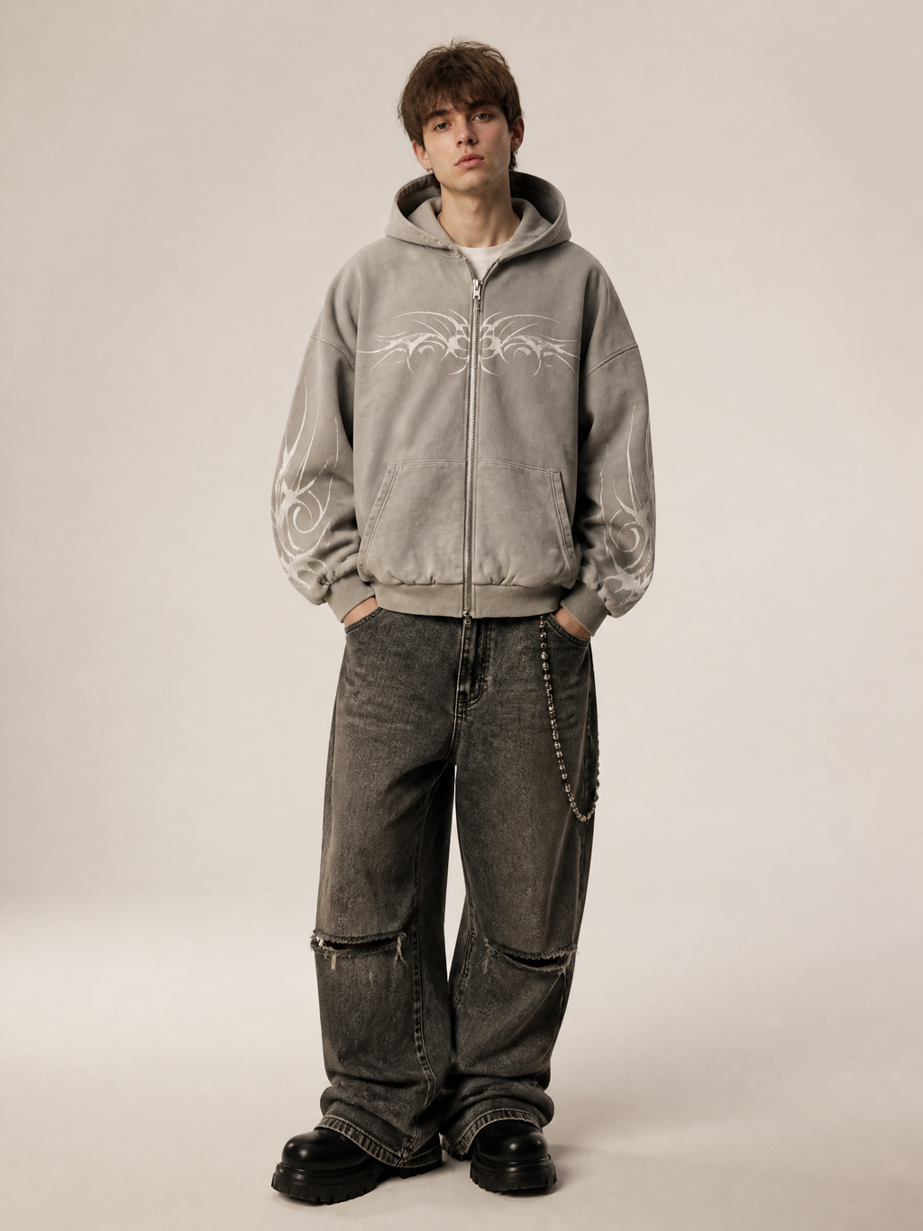 Gothic Graphic Zip-Up Hoodie in Premium Textured Corduroy