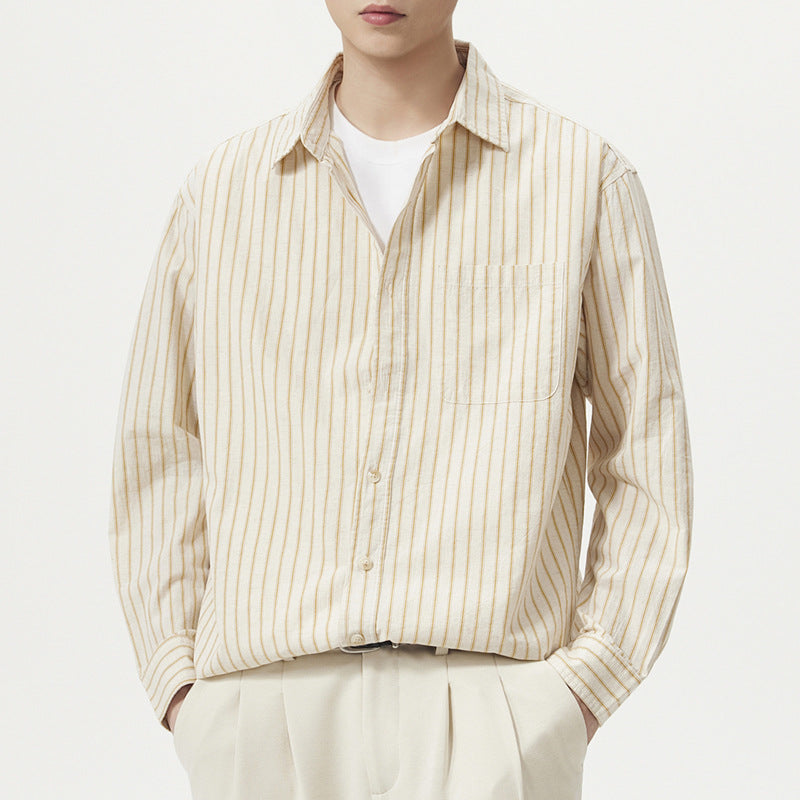 Mens Casual Linen Blend Shirt - Striped Long Sleeve Cotton Shirt