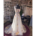 Floral Embroidered Evening Gown with Slit and Sheer Long Sleeves
