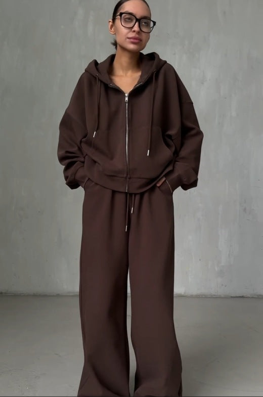 Women's loose-fitting hooded zipper pullover set
