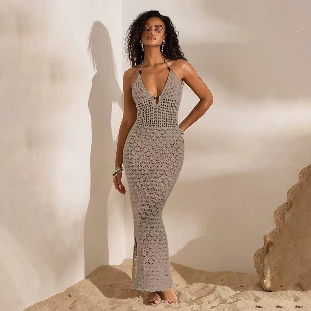 Womens Hollow Out Backless Knitted Beach Dress