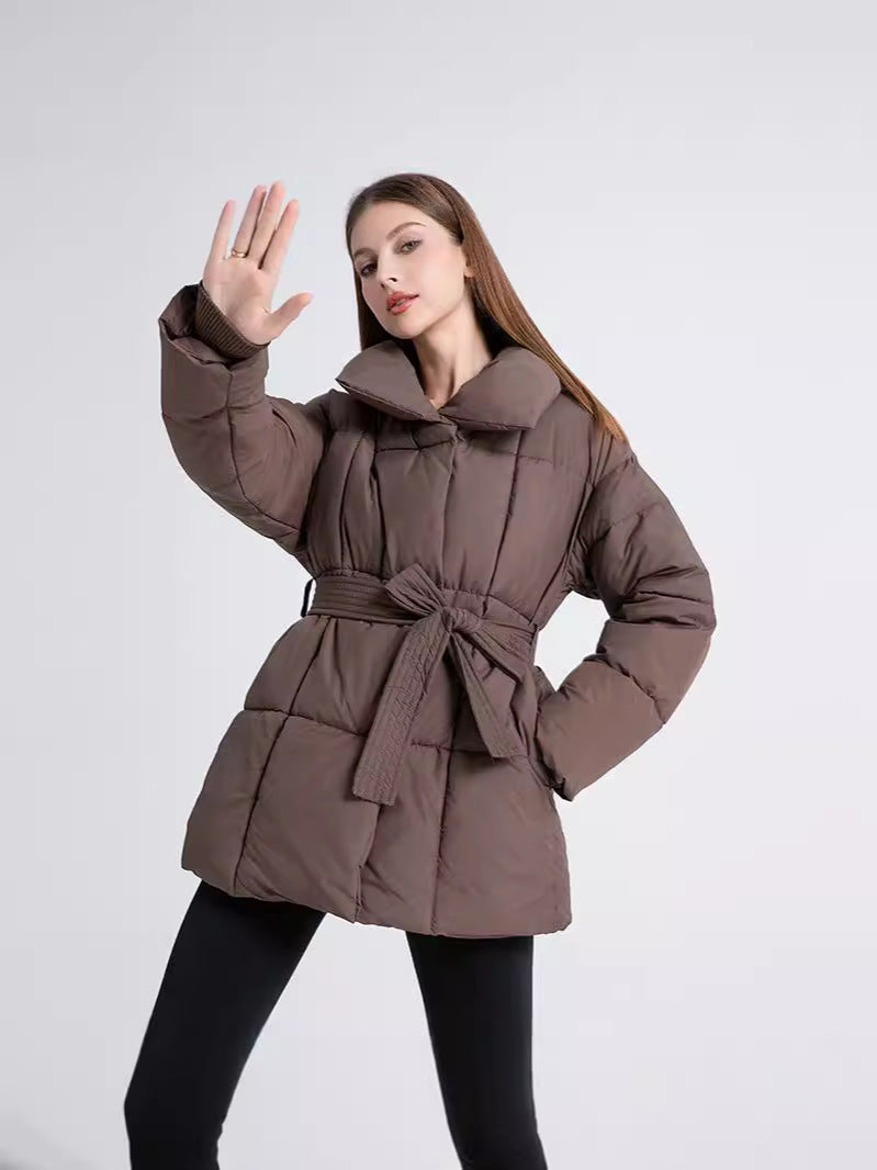 Mid-length womens winter coat with belt