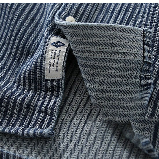 Retro Japanese Denim Shirt with Stripe Pattern and Non-Iron Finish