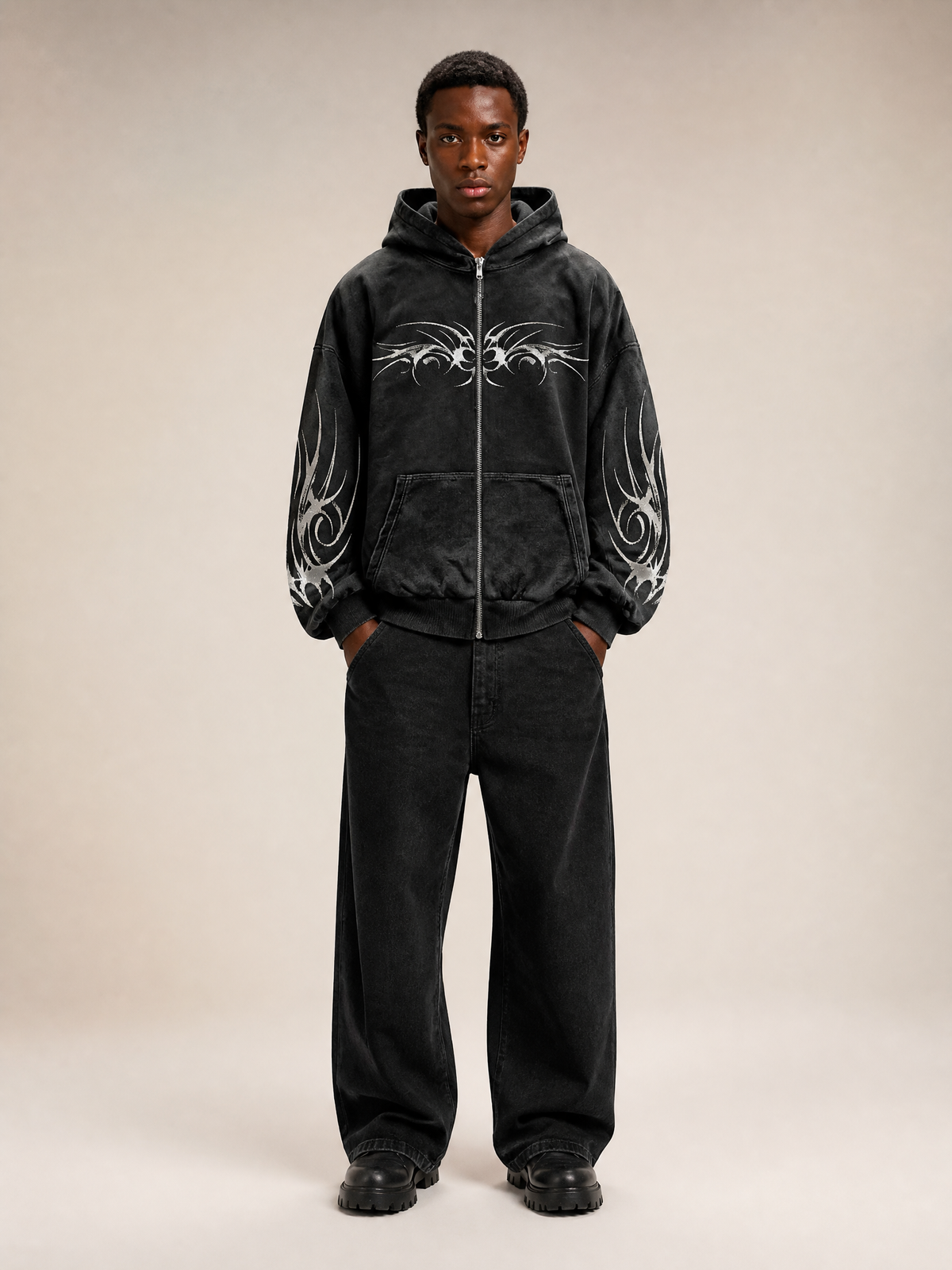 Gothic Graphic Zip-Up Hoodie in Premium Textured Corduroy
