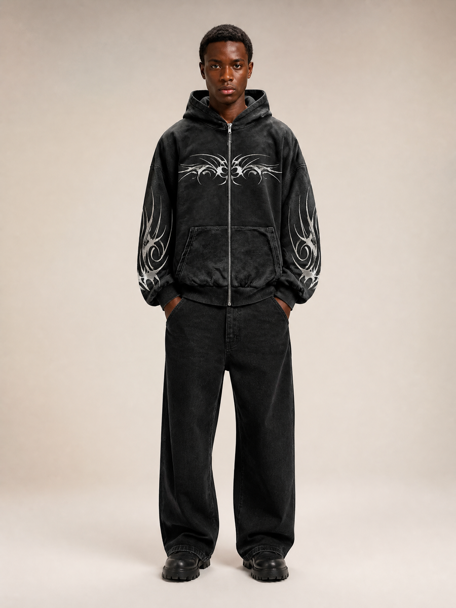 Gothic Graphic Zip-Up Hoodie in Premium Textured Corduroy