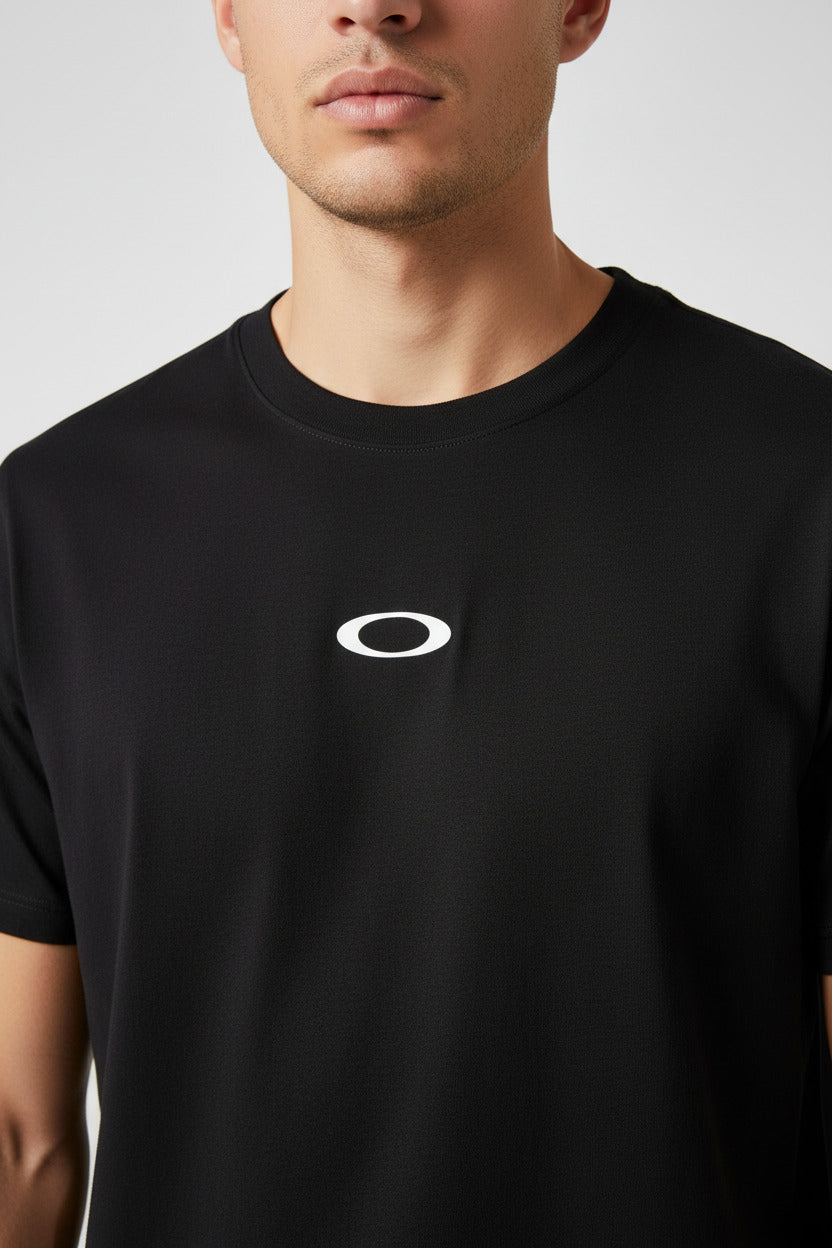 Black t-shirt with a logo on a white background
